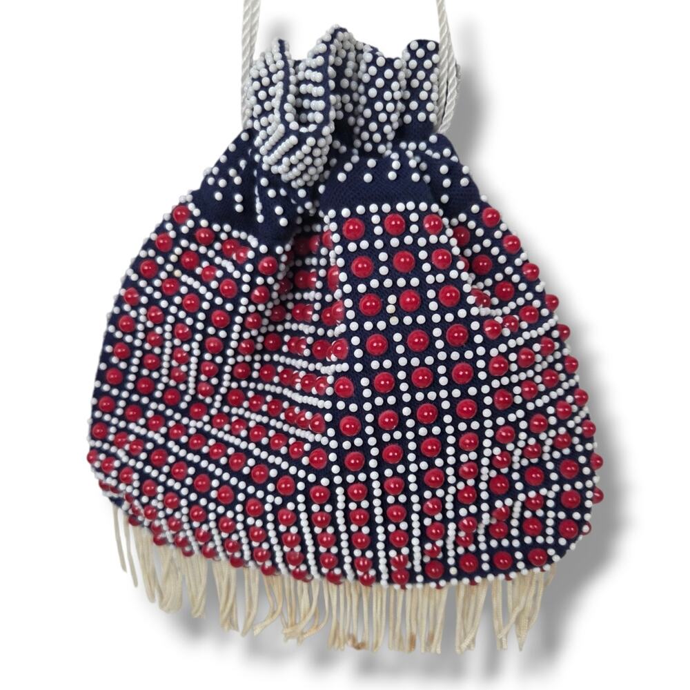 Vintage 1970s Beaded Cinch Purse Bag Drawstring Candy Button Dot Fringe Red Blue